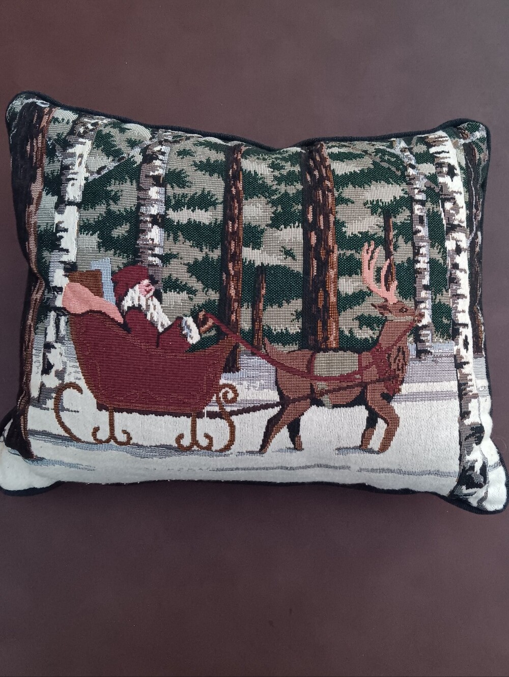 Holiday Santa Sleigh Tapestry Throw Pillow - Green & Red 15" X 12"